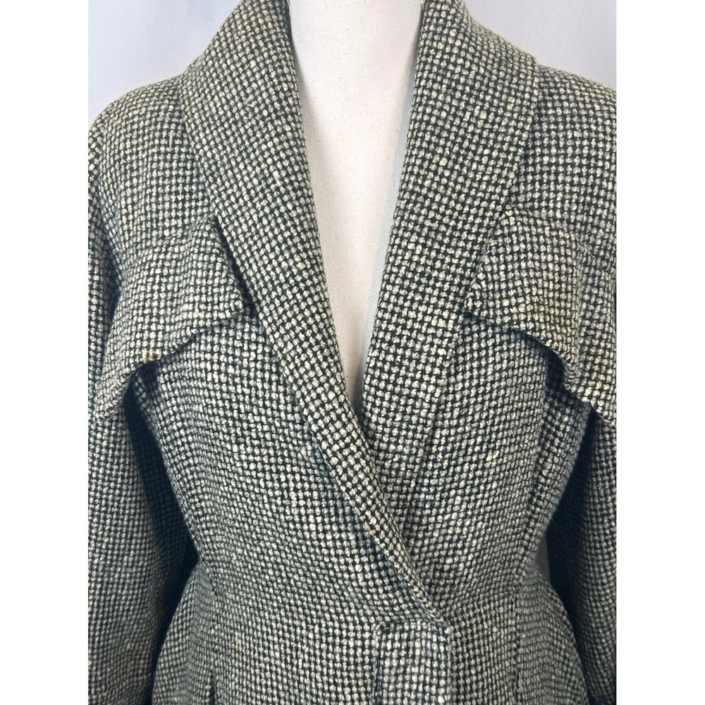 Vintage Great Britain Green White Tweed Wool Maxi Coat Long Trench Jacket Womens - Picture 3 of 16